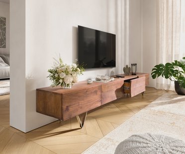 DELIFE Tv-meubel Wyatt 220 cm acacia bruin 4 laden V-poot roestvrij staal