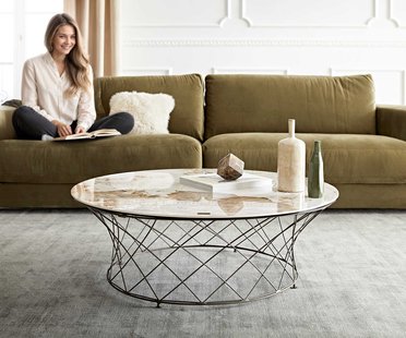 DELIFE Salontafel Lassina 100x100 cm keramiek Minas Melange wit-beige frame metaal effect afwerking titanium