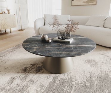 DELIFE Salontafel Borna 100x100 cm keramiek Laminam®Noir Desir Bruin onderstel conisch effect titanium