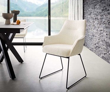 DELIFE Eetkamerstoel Alja-Flex met armleuning bouclé wit slipframe zwart pocketveer kern