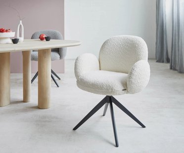 DELIFE Draaistoel Nube-Flex met armleuning bouclé wit kruisframe breed zwart 360° draaibaar pocketveer kern