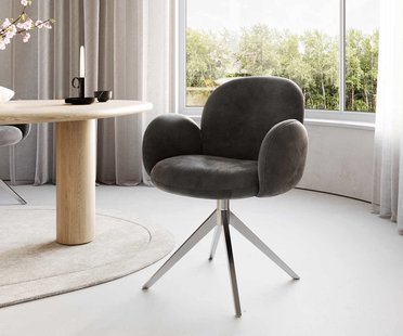 DELIFE Draaistoel Nube-Flex met armleuning microvelours antraciet vintage kruisframe breed roestvrij staal 360° draaibaar pocketveer kern
