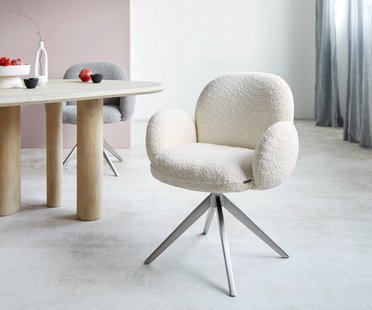 DELIFE Draaistoel Nube-Flex met armleuning bouclé wit kruisframe breed roestvrij staal 360° draaibaar pocketveer kern