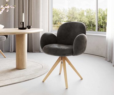 DELIFE Draaistoel Nube-Flex met armleuning microvelours antraciet vintage houten frame hoekig natuur 180° draaibaar pocketveer kern