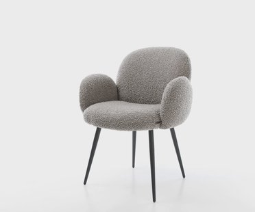 DELIFE Eetkamerstoel Nube-Flex met armleuning bouclé zilver grijs 4-poot conisch zwart pocketveer kern