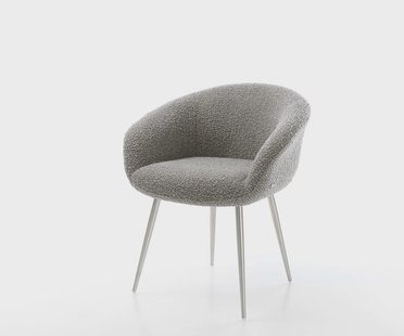 DELIFE Eetkamerstoel Vinka-Flex met armleuning bouclé zilver grijs 4-poot conisch roestvrij staal pocketveer kern