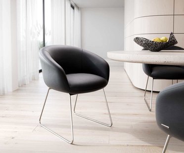 DELIFE Eetkamerstoel Vinka-Flex met armleuning echt leer zwart slipframe roestvrij staal pocketveer kern