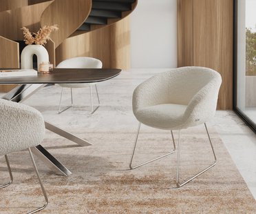 DELIFE Eetkamerstoel Vinka-Flex met armleuning bouclé wit slipframe roestvrij staal pocketveer kern