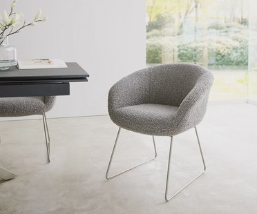 DELIFE Eetkamerstoel Vinka-Flex met armleuning bouclé zilver grijs slipframe roestvrij staal pocketveer kern