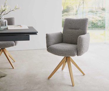 DELIFE Draaistoel Jova-Flex met armleuning bouclé zilver grijs houten frame hoekig natuur 180° draaibaar pocketveer kern