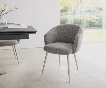 DELIFE Eetkamerstoel Caja-Flex met armleuning bouclé zilver grijs 4-poot conisch roestvrij staal pocketveer kern