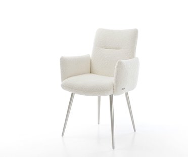 DELIFE Eetkamerstoel Jova-Flex met armleuning bouclé wit 4-poot conisch roestvrij staal pocketveer kern