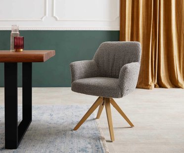DELIFE Draaistoel Xana-Flex met armleuning bouclé zilver grijs houten frame hoekig natuur 180° draaibaar pocketveer kern