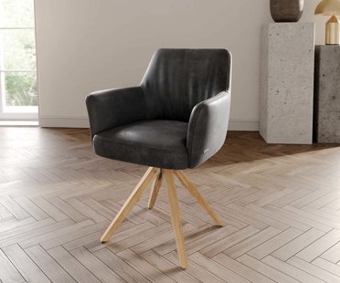 DELIFE Draaistoel Xana-Flex met armleuning microvelours antraciet vintage houten frame hoekig natuur 180° draaibaar pocketveer kern