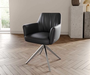 DELIFE Draaistoel Xana-Flex met armleuning echt leer zwart kruisframe breed roestvrij staal 360° draaibaar pocketveer kern