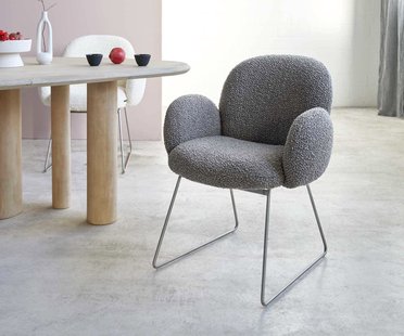 DELIFE Eetkamerstoel Nube-Flex met armleuning bouclé zilver grijs slipframe roestvrij staal pocketveer kern