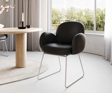 DELIFE Eetkamerstoel Nube-Flex met armleuning echt leer zwart slipframe roestvrij staal pocketveer kern