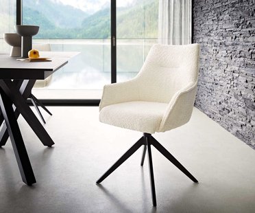 DELIFE Draaistoel Alja-Flex met armleuning bouclé wit kruisframe breed zwart 360° draaibaar pocketveer kern