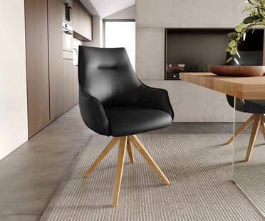 DELIFE Draaistoel Alja-Flex met armleuning echt leer zwart houten frame hoekig natuur 180° draaibaar pocketveer kern