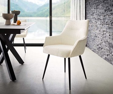 DELIFE Eetkamerstoel Alja-Flex met armleuning bouclé wit 4-poot conisch zwart pocketveer kern