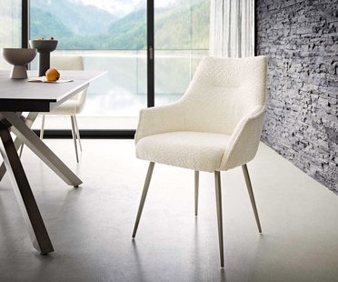 DELIFE Eetkamerstoel Alja-Flex met armleuning bouclé wit 4-poot conisch roestvrij staal pocketveer kern