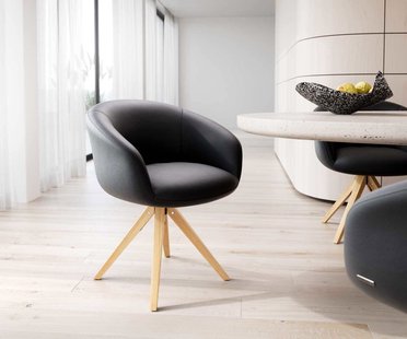 DELIFE Draaistoel Vinka-Flex met armleuning echt leer zwart houten frame hoekig natuur 180° draaibaar pocketveer kern