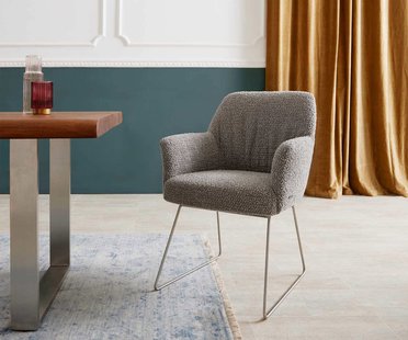 DELIFE Eetkamerstoel Xana-Flex met armleuning bouclé zilver grijs slipframe roestvrij staal pocketveer kern