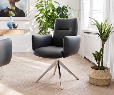 DELIFE Draaistoel Jova-Flex met armleuning echt leer zwart kruisframe breed roestvrij staal 360° draaibaar pocketveer kern