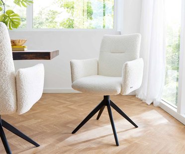 DELIFE Draaistoel Jova-Flex met armleuning bouclé wit kruisframe breed zwart 360° draaibaar pocketveer kern
