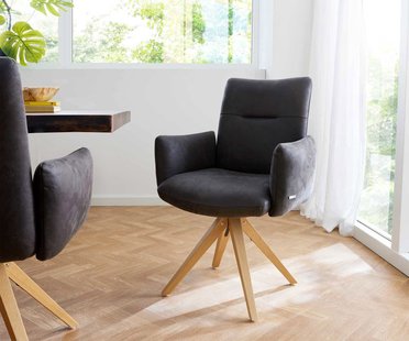 DELIFE Draaistoel Jova-Flex met armleuning microvelours antraciet vintage houten frame hoekig natuur 180° draaibaar pocketveer kern