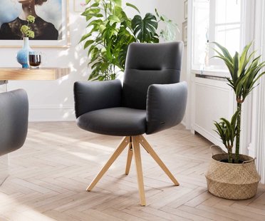 DELIFE Draaistoel Jova-Flex met armleuning echt leer zwart houten frame hoekig natuur 180° draaibaar pocketveer kern