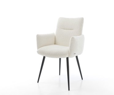 DELIFE Eetkamerstoel Jova-Flex met armleuning bouclé wit 4-poot conisch zwart pocketveer kern