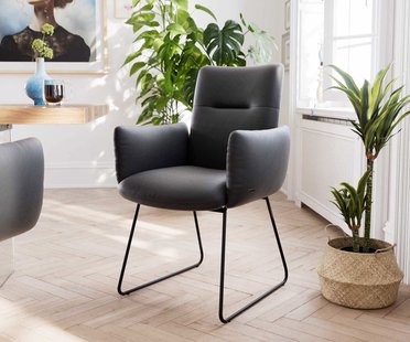 DELIFE Eetkamerstoel Jova-Flex met armleuning echt leer zwart slipframe zwart pocketveer kern