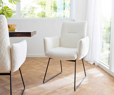 DELIFE Eetkamerstoel Jova-Flex met armleuning bouclé wit slipframe zwart pocketveer kern