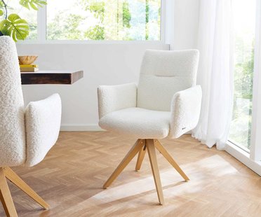 DELIFE Draaistoel Jova-Flex met armleuning bouclé wit houten frame hoekig natuur 180° draaibaar pocketveer kern