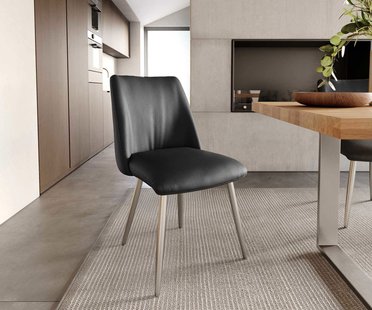 DELIFE Eetkamerstoel Elso-Flex echt leer zwart 4-poot conisch roestvrij staal pocketveer kern