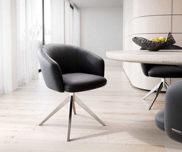 DELIFE Draaistoel Caja-Flex met armleuning echt leer zwart kruisframe breed roestvrij staal 360° draaibaar pocketveer kern