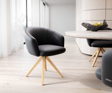 DELIFE Draaistoel Caja-Flex met armleuning echt leer zwart houten frame hoekig natuur 180° draaibaar pocketveer kern