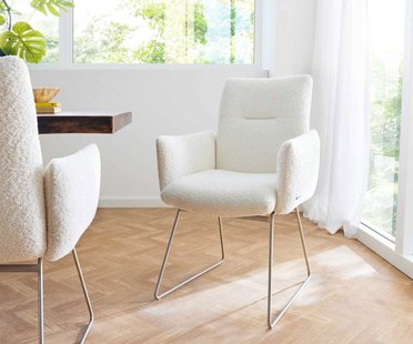 DELIFE Eetkamerstoel Jova-Flex met armleuning bouclé wit slipframe roestvrij staal pocketveer kern