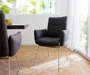 DELIFE Eetkamerstoel Jova-Flex met armleuning microvelours antraciet vintage slipframe roestvrij staal pocketveer kern