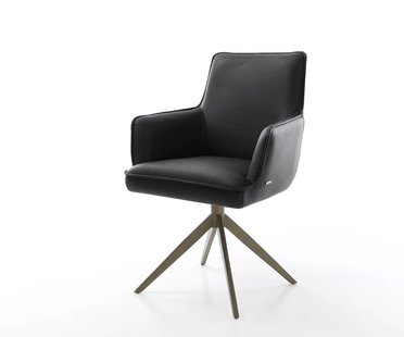 DELIFE Draaistoel Heira-Flex met armleuning echt leer zwart kruisframe breed afwerking met titanium 360° draaibaar pocketveer kern