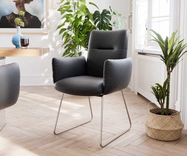 DELIFE Eetkamerstoel Jova-Flex met armleuning echt leer zwart slipframe roestvrij staal pocketveer kern