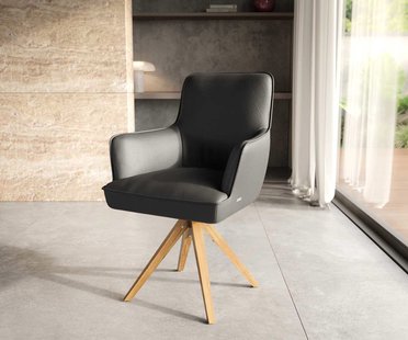 DELIFE Draaistoel Heira-Flex met armleuning echt leer zwart houten frame hoekig natuur 180° draaibaar pocketveer kern