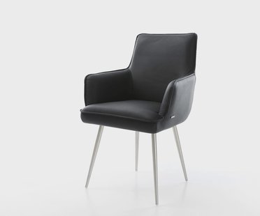 DELIFE Eetkamerstoel Heira-Flex met armleuning echt leer zwart 4-poot conisch roestvrij staal pocketveer kern