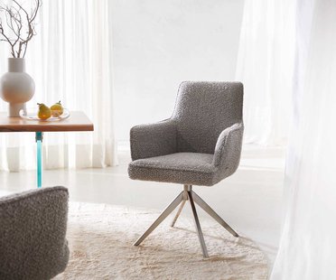 DELIFE Draaistoel Heira-Flex met armleuning bouclé zilver grijs kruisframe breed roestvrij staal 360° draaibaar pocketveer kern