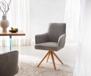 DELIFE Draaistoel Heira-Flex met armleuning bouclé zilver grijs houten frame hoekig natuur 180° draaibaar pocketveer kern