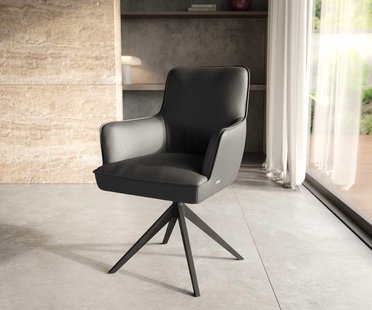 DELIFE Draaistoel Heira-Flex met armleuning echt leer zwart kruisframe breed zwart 360° draaibaar pocketveer kern