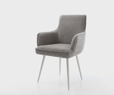 DELIFE Eetkamerstoel Heira-Flex met armleuning bouclé zilver grijs 4-poot conisch roestvrij staal pocketveer kern