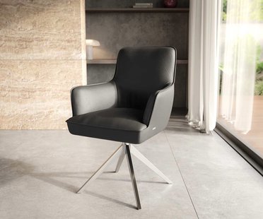 DELIFE Draaistoel Heira-Flex met armleuning echt leer zwart kruisframe breed roestvrij staal 360° draaibaar pocketveer kern