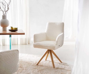 DELIFE Draaistoel Heira-Flex met armleuning bouclé wit houten frame hoekig natuur 180° draaibaar pocketveer kern